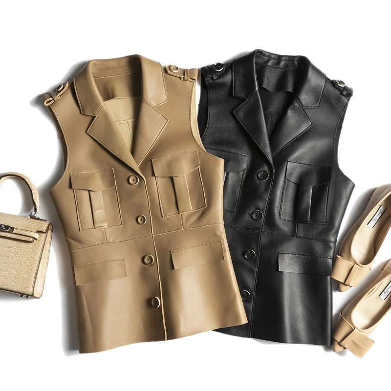 绵羊皮真皮工装马甲女显瘦短款西装背心休闲马夹春秋