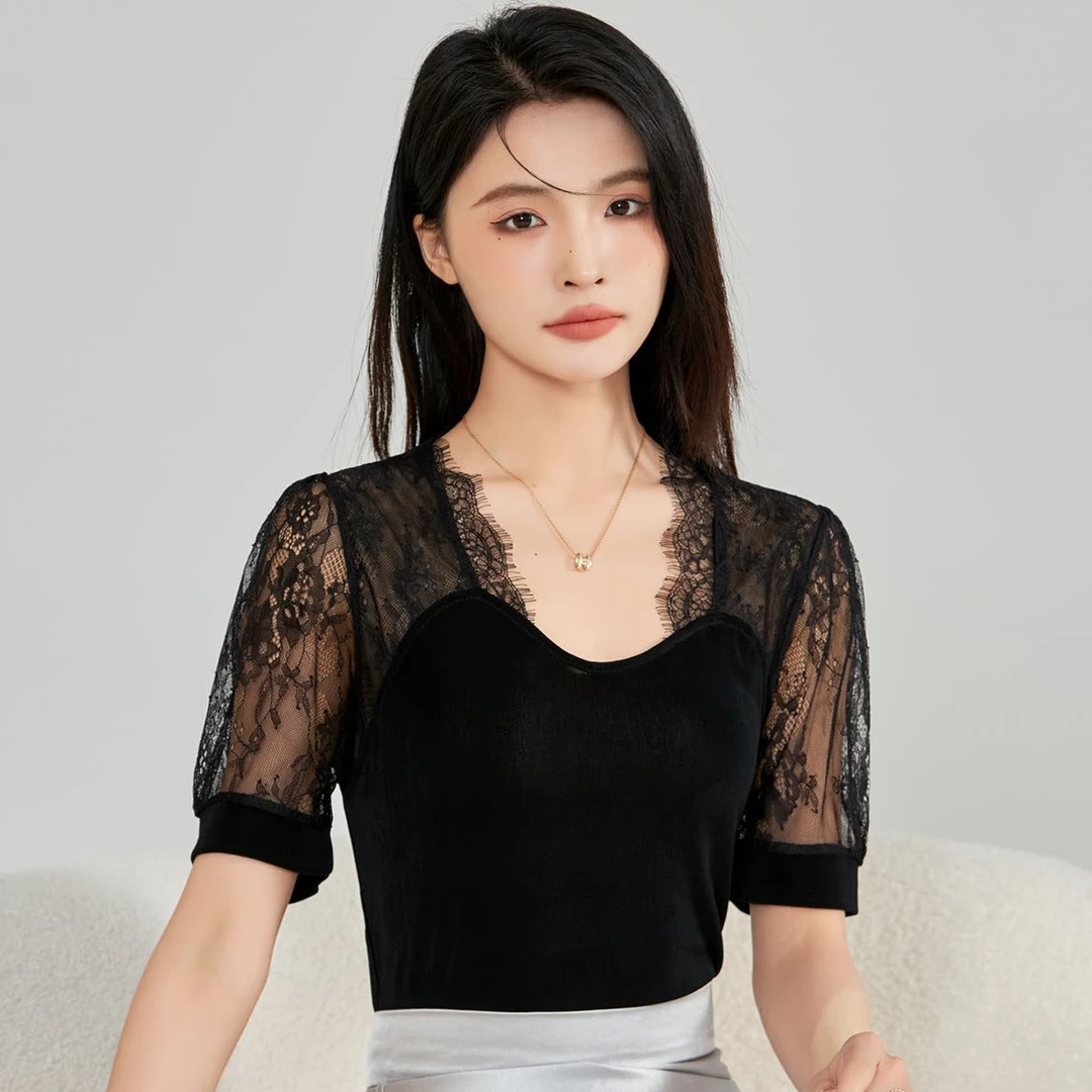 三醋酸性感上衣镂空拼接打底衫显瘦时尚修身中袖短款上衣24-031