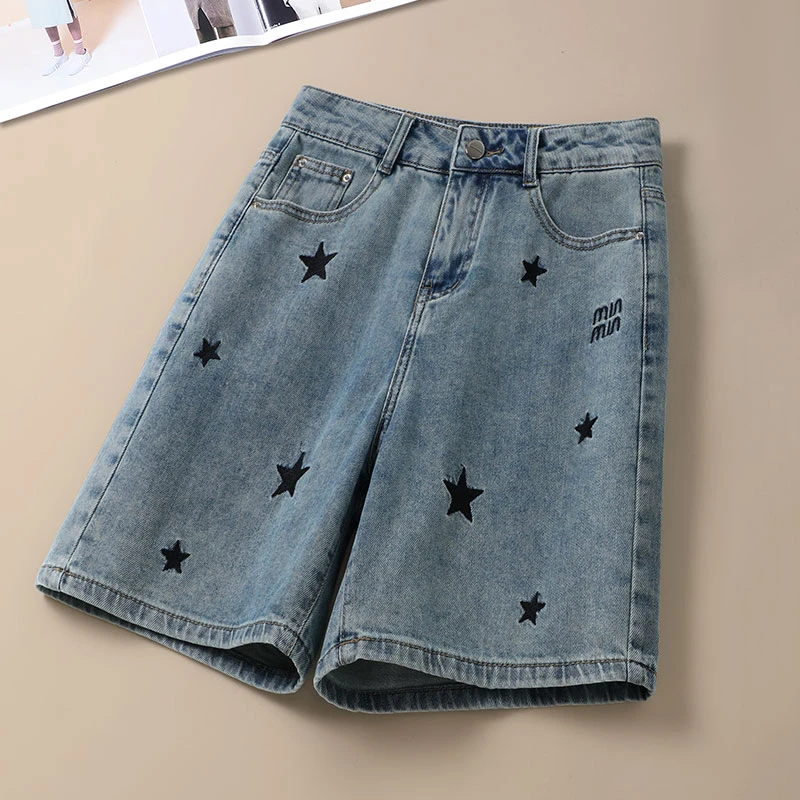 刺绣薄款阔腿短裤女夏季2025年a字显瘦复古中裤直筒宽松五分裤子