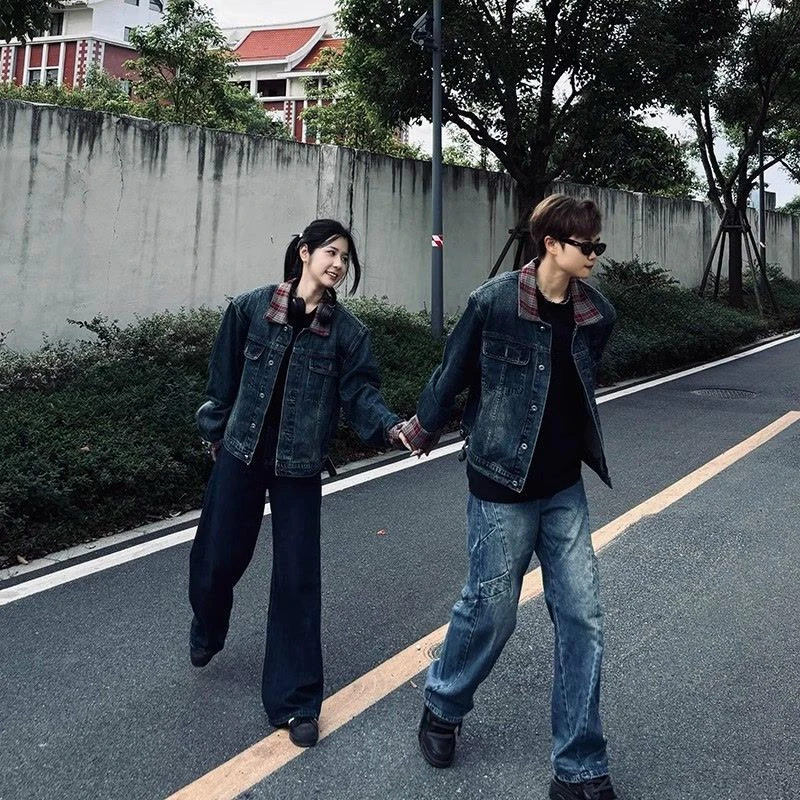 复古水洗蓝拼接红色格纹长袖牛仔外套男女春秋季情侣装短款夹克潮