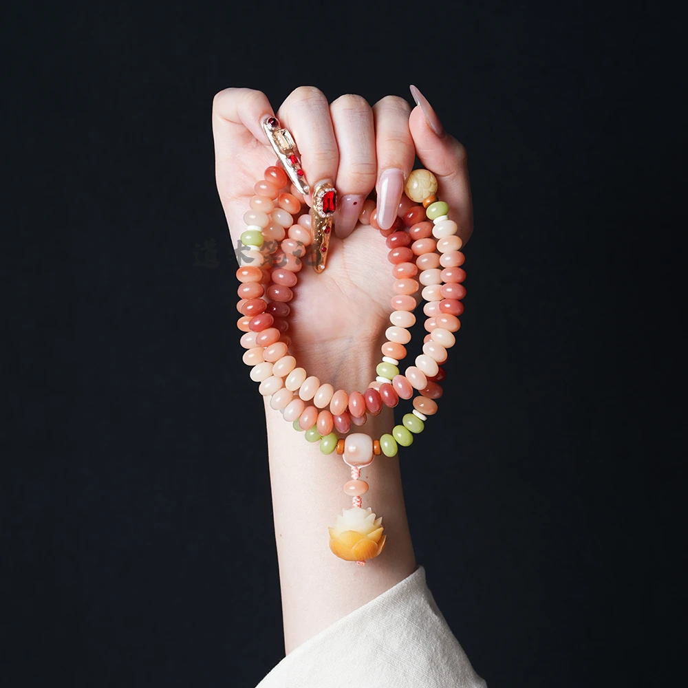 道木笔记 荷塘月色 渐变粉菩提108颗手持手串莲花