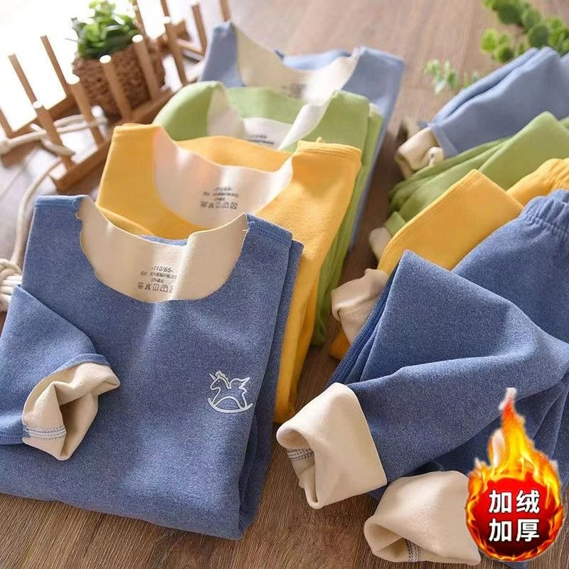 双面德绒发热无痕秋衣秋裤男女孩中大童加绒睡衣儿童保