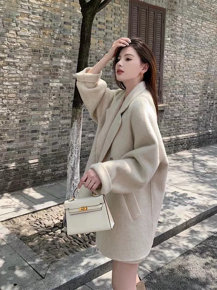 （妍妍）加厚长羊毛双面羊毛大衣中长款小个子慵懒宽松气质秋冬女