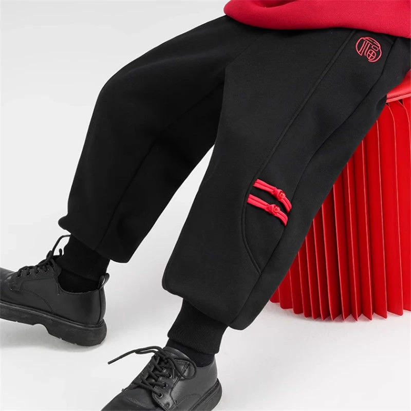 儿童过年裤子中国风拜年年服男童新年加绒裤中大童一体绒外穿长裤