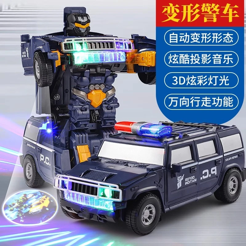 网红汽车电动越野悍马金刚玩具车会旋转灯光音乐男孩变形汽车警车