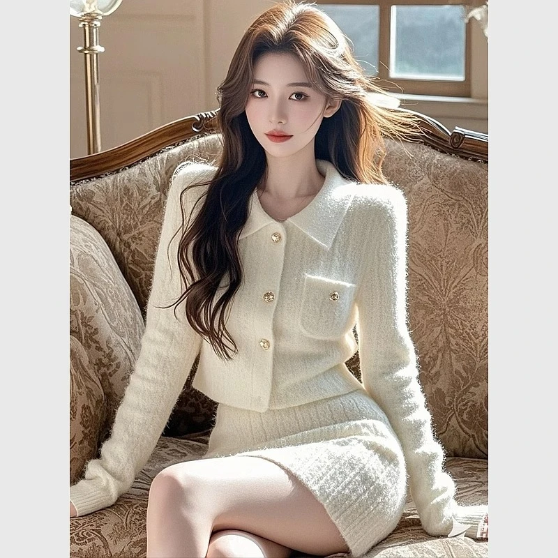 高级感气质法式小香风针织开衫半身裙套装秋冬新款修身显瘦两件套