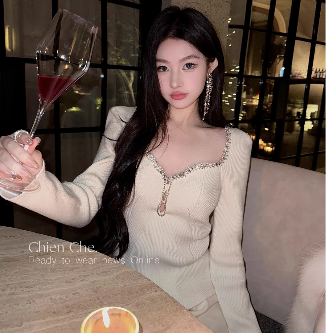 法式重工钻链气质千金高级感v领长袖打底上衣针织连衣裙女