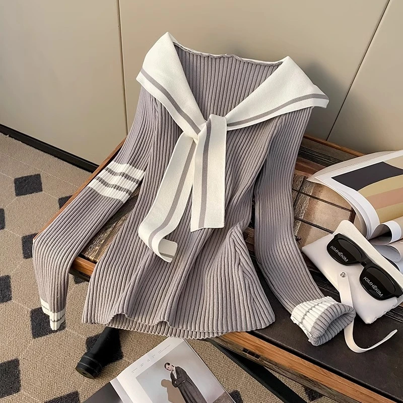 学院风连帽修身显瘦上衣女春秋季新款设计感坑条系带毛衣