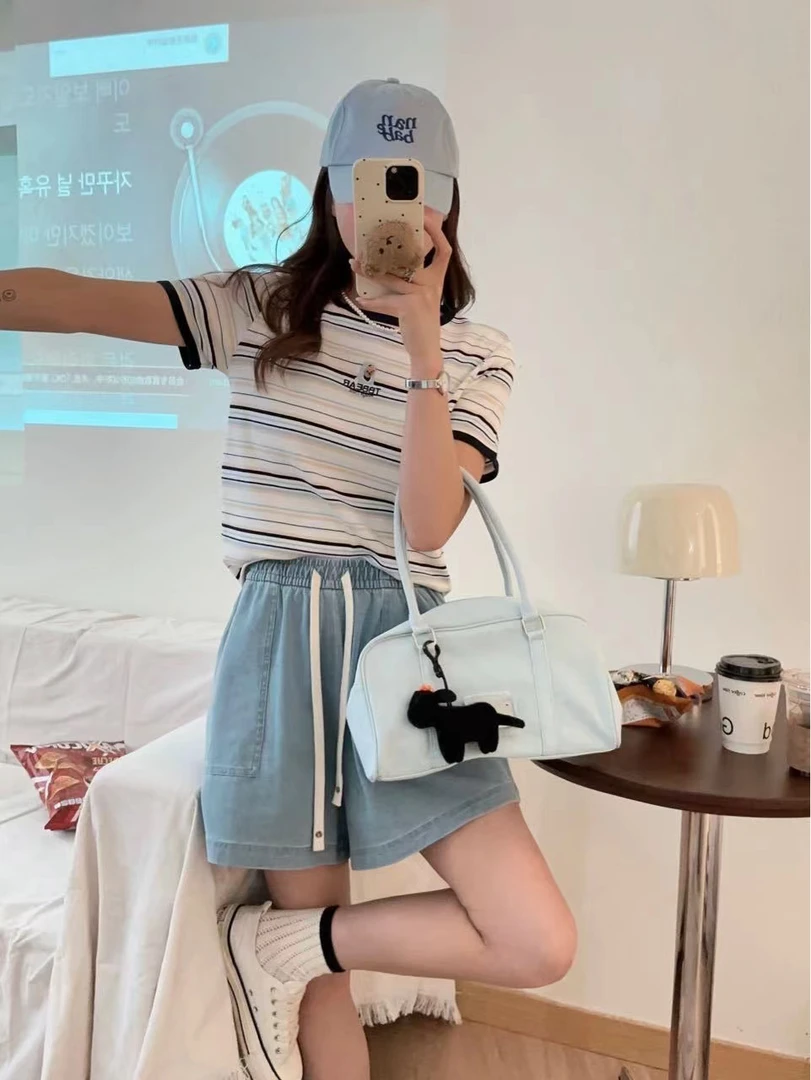 7878休闲穿到125斤内显瘦直筒百搭减龄时尚高腰韩版设计感短袖