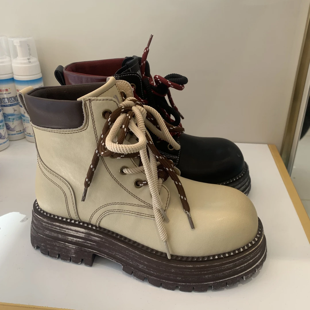 [花仙子]时尚百搭真皮3369复古厚底圆头系带撞色拼接短靴