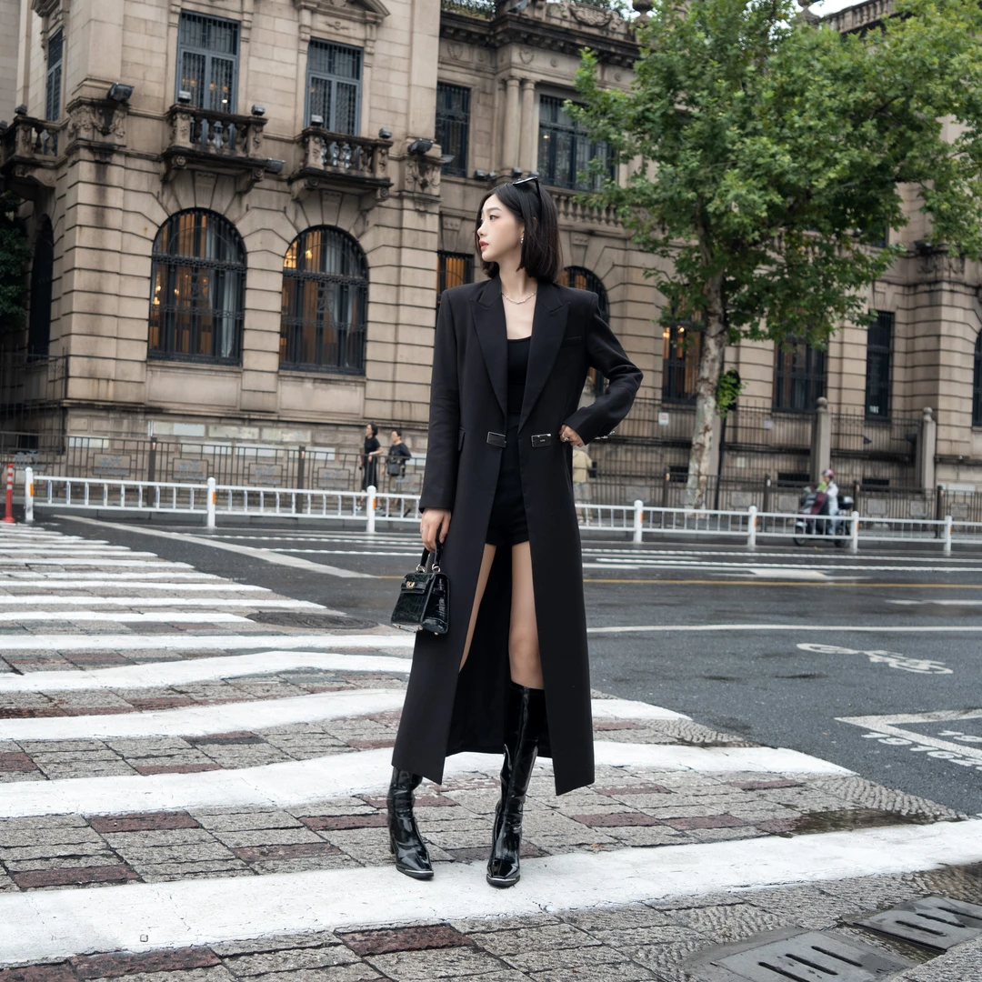 2024新款秋冬气质时尚西装大衣外套长款西服显瘦黑色秋冬加厚