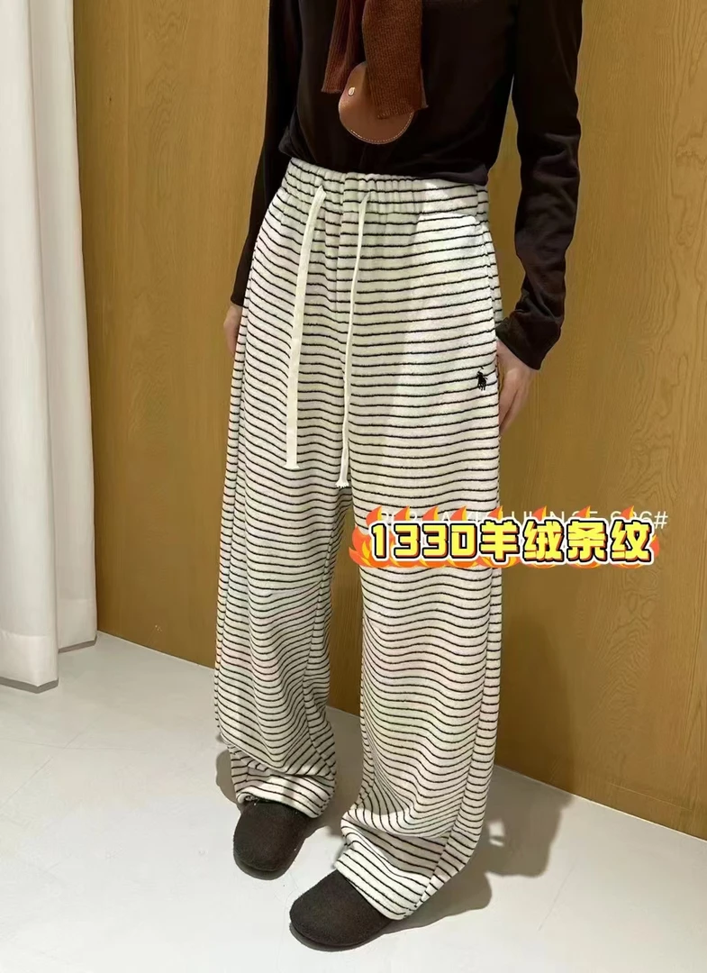 条纹羊绒加绒加厚保暖小马慵懒休闲宽松直筒裤拖地裤松紧腰阔腿裤