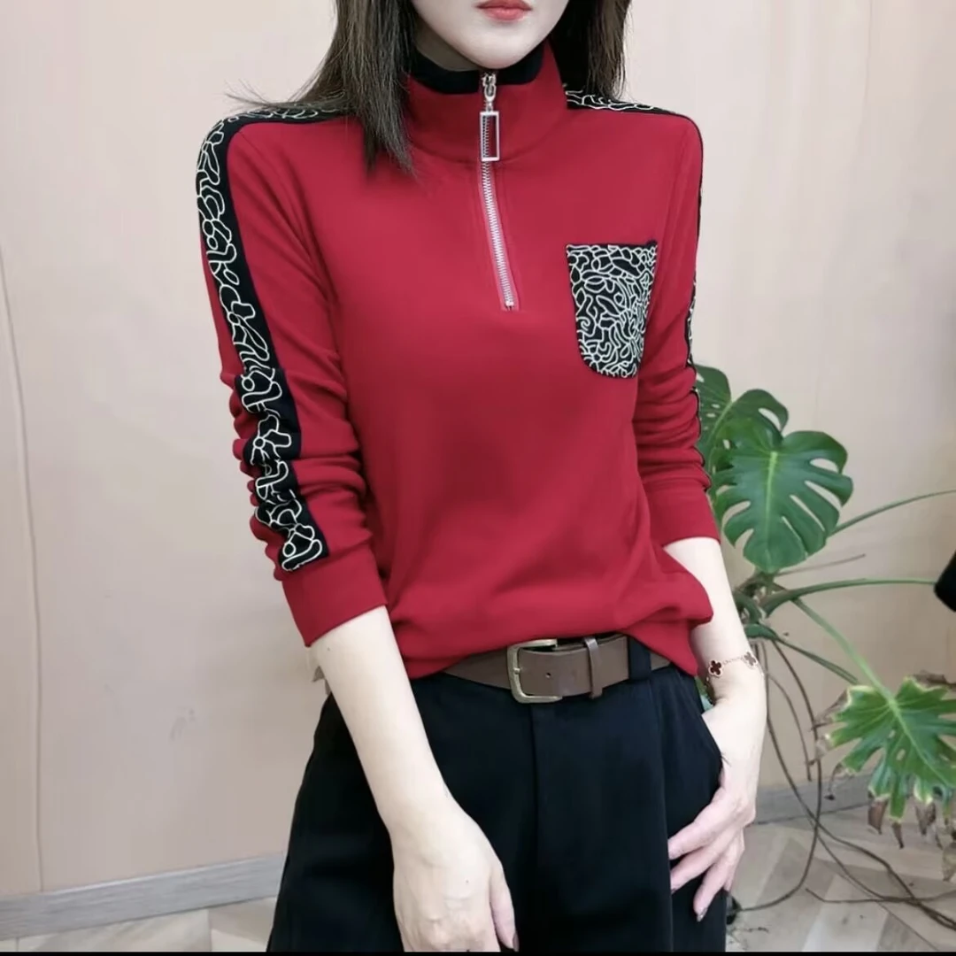 秋冬新品时尚双面绒立领休闲百搭长袖保暖显瘦洋气打底衫上衣女士