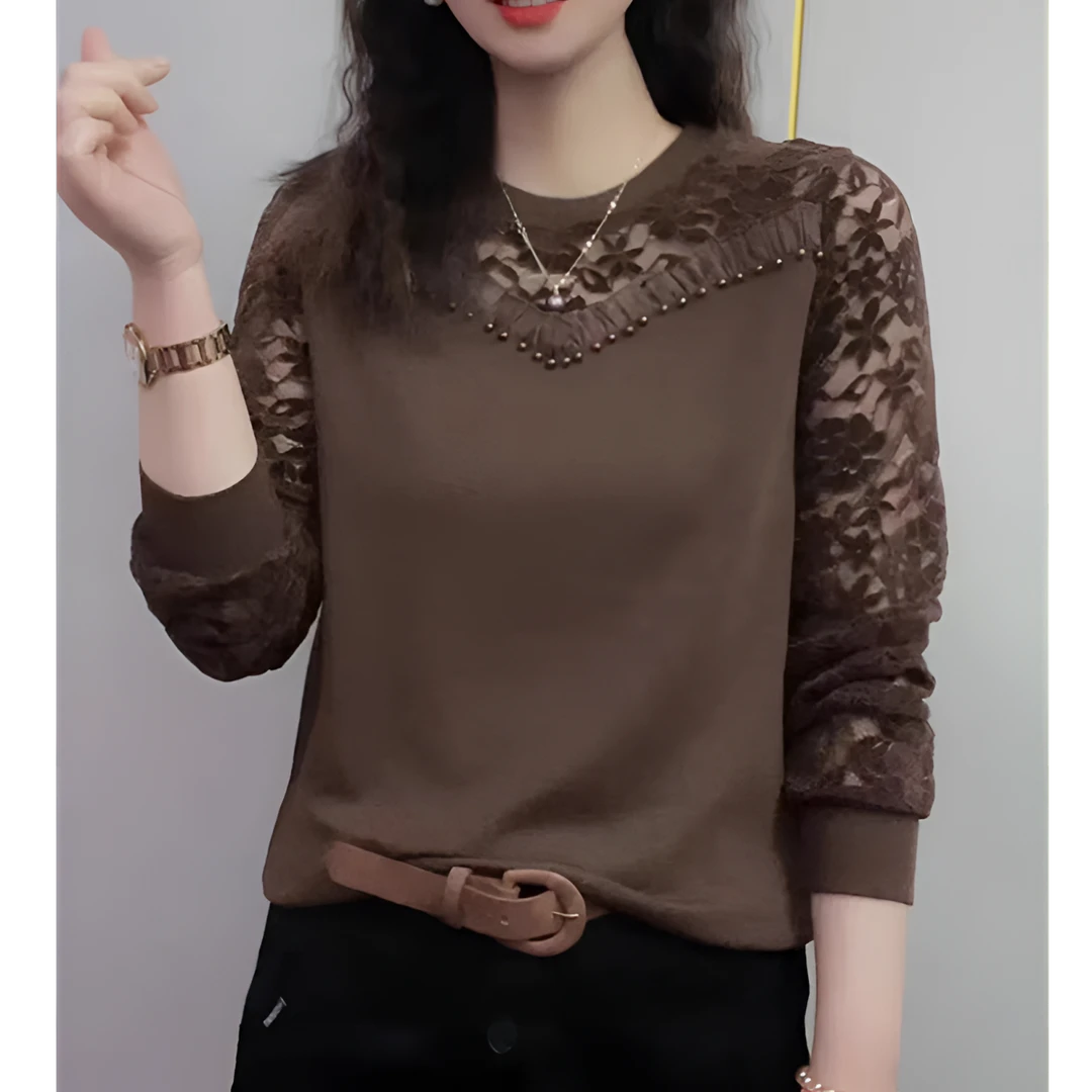 早春新款时尚妈妈装圆领蕾丝拼接小衫H洋气显瘦气质减龄长袖上衣