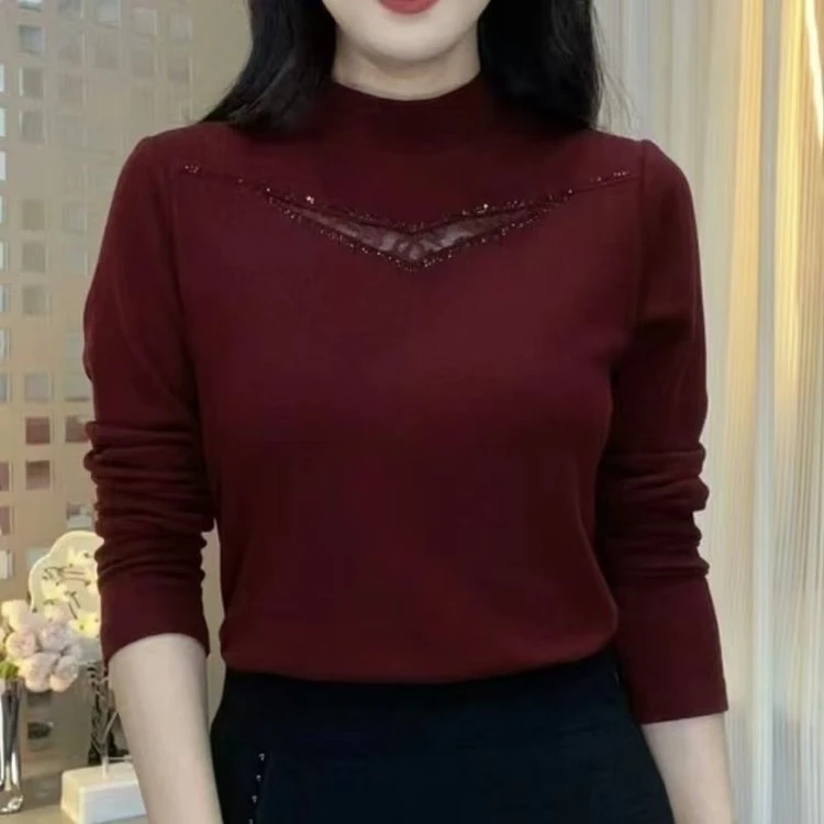 半高领打底衫女秋季新款显瘦减龄纯色镂空小衫洋气时髦提花T恤女