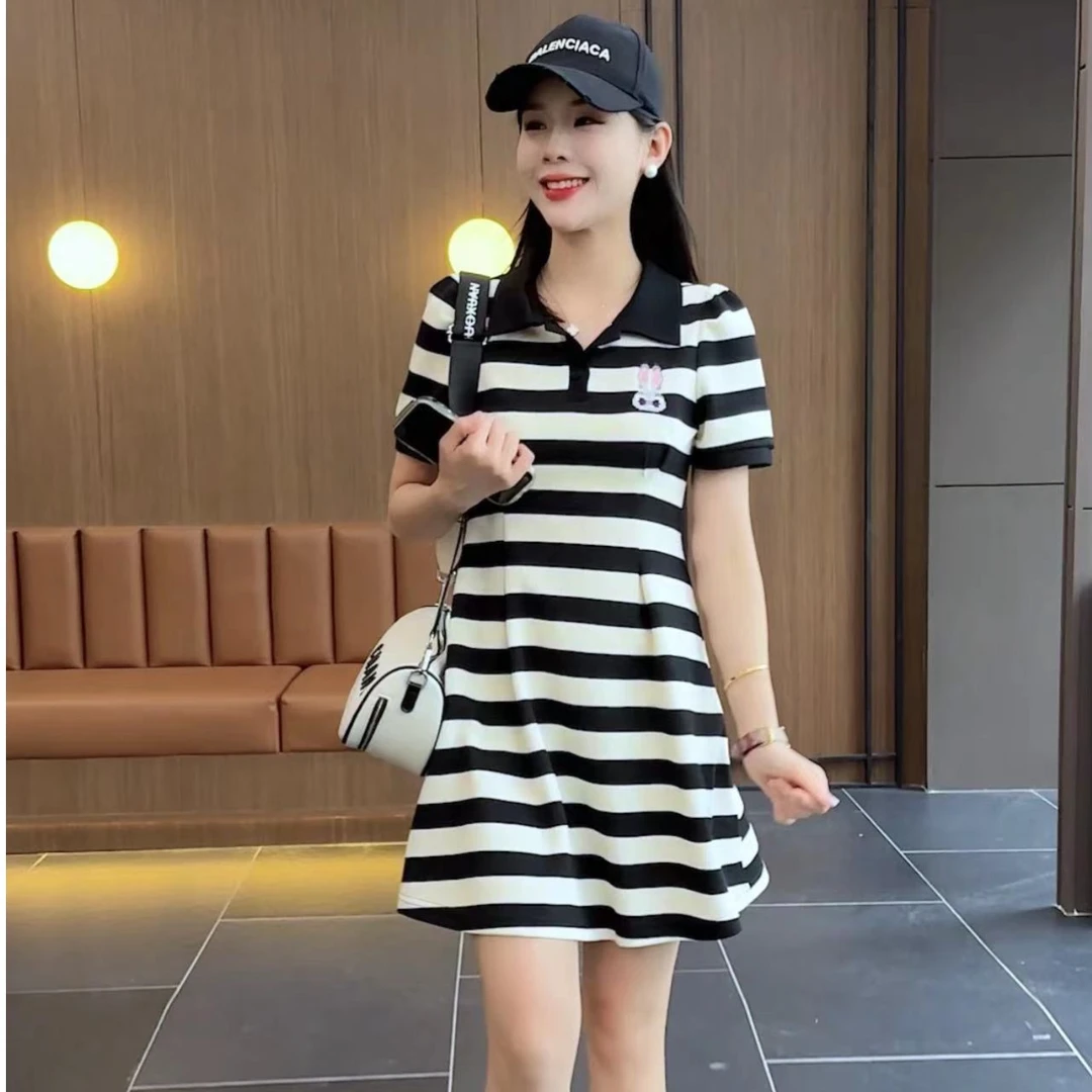 洋气时尚气质条纹领连衣裙女2024夏季新款收腰显瘦连衣裙