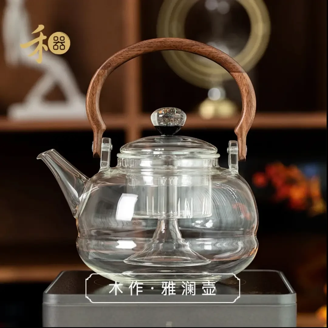 禾器禾器木作雅澜壶金标耐热玻璃蒸煮茶壶手工大容量胡桃木提梁壶