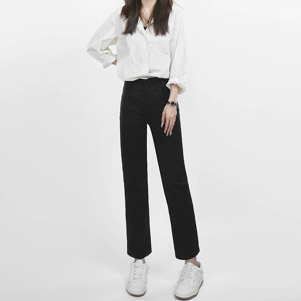 2024秋冬新款气质黑色法棍女裤子高腰高档九分烟管直筒洋气牛仔裤