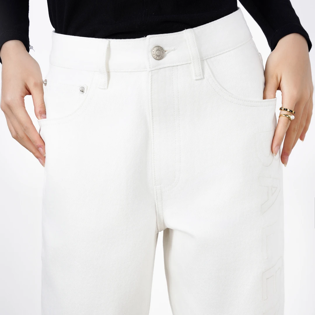 WENDY·HUANG【巴家】白色宽松直筒牛仔裤女高腰窄版阔腿国风刺绣夏