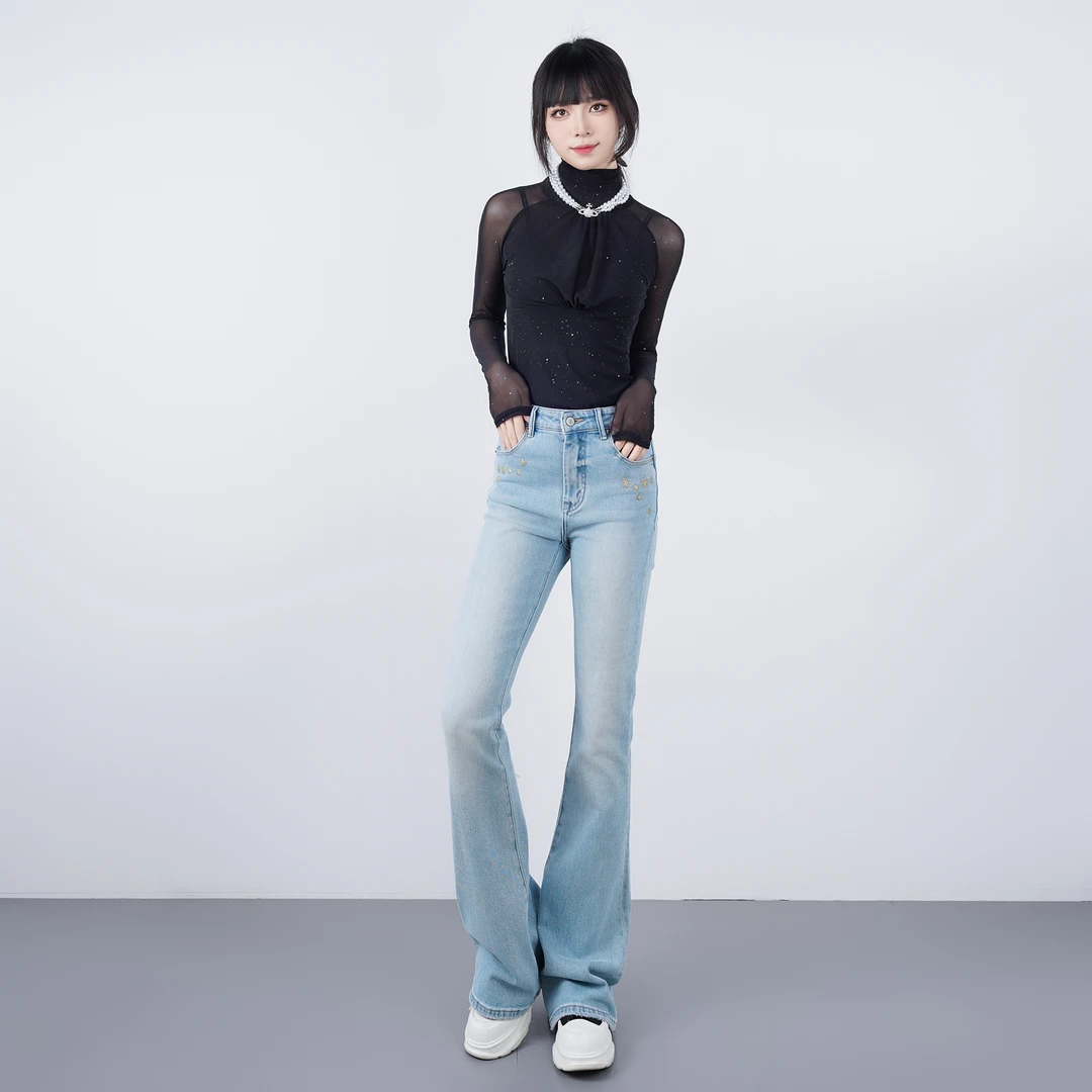 WENDY·HUANG繁花·24k·印花微喇叭牛仔裤女高腰弹力修身显瘦时尚
