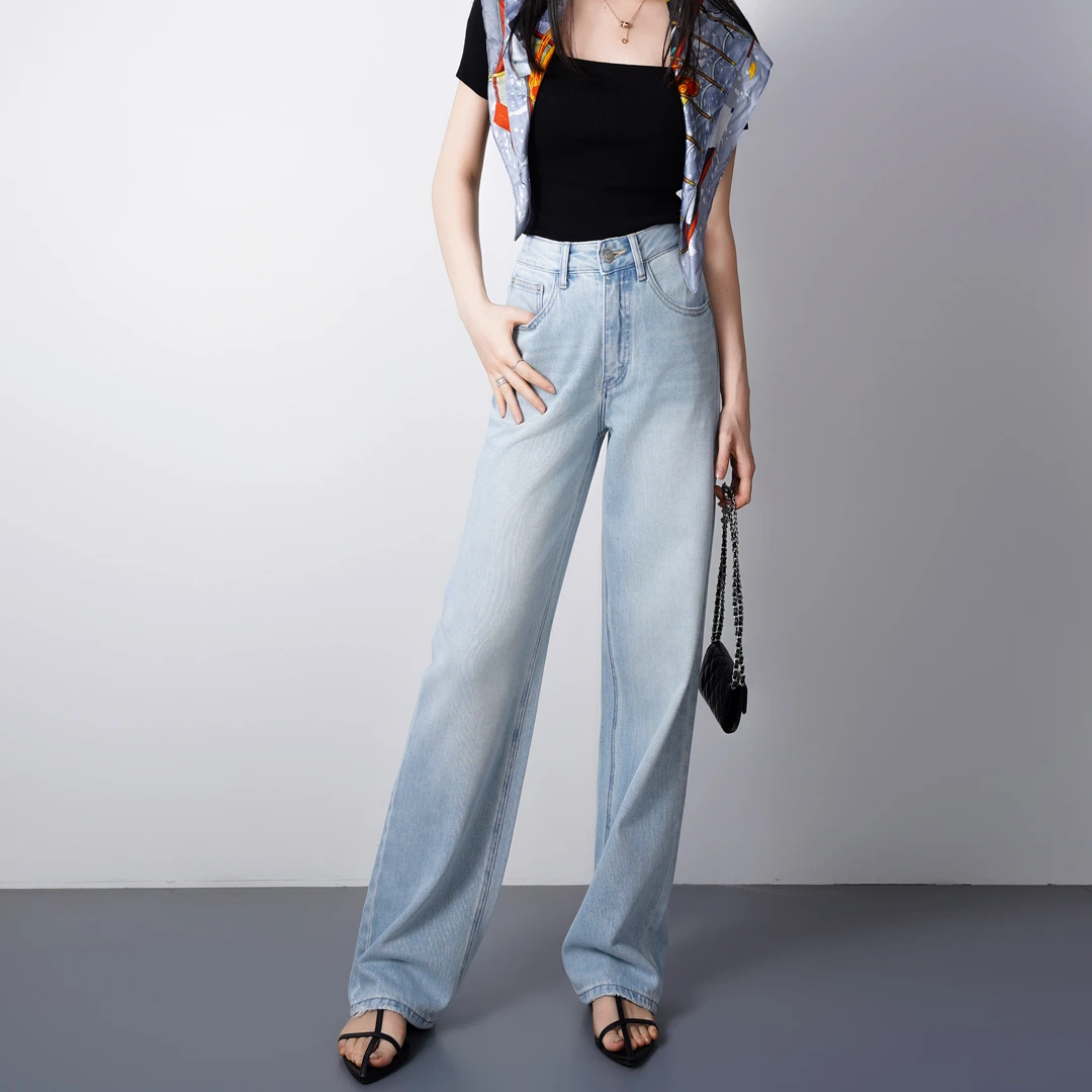 WENDY·HUANG高腰宽松直筒牛仔裤女加长款拖地版窄版阔腿