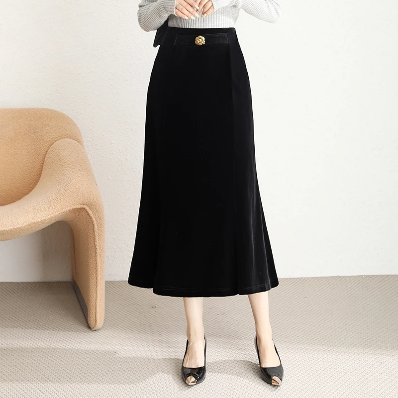 品牌秋冬新品气质修身时尚优雅鱼尾裙中长款金丝绒半身裙女