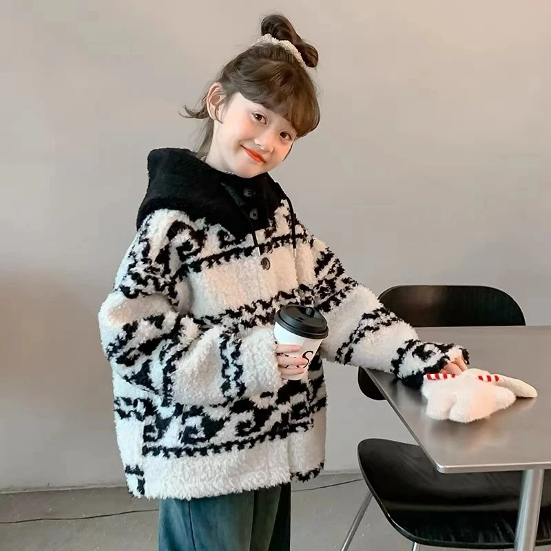 女童毛毛衣外套2024冬季新款女孩韩版上衣儿童洋气夹棉加厚童装