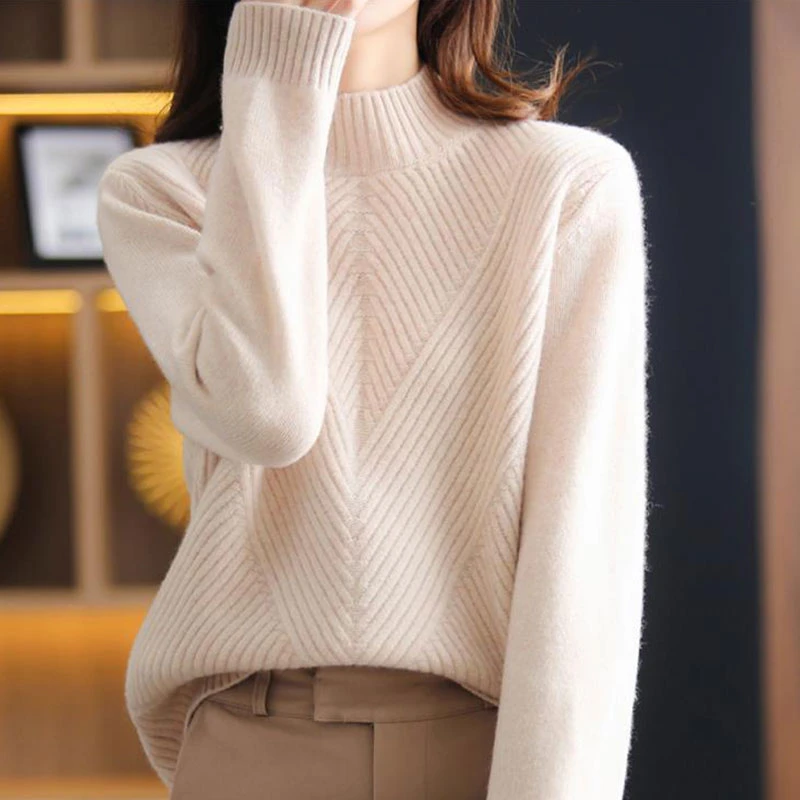 女士羊毛衫春秋新款半高领高档针织衫打底羊绒衫宽松纯色百搭毛衣