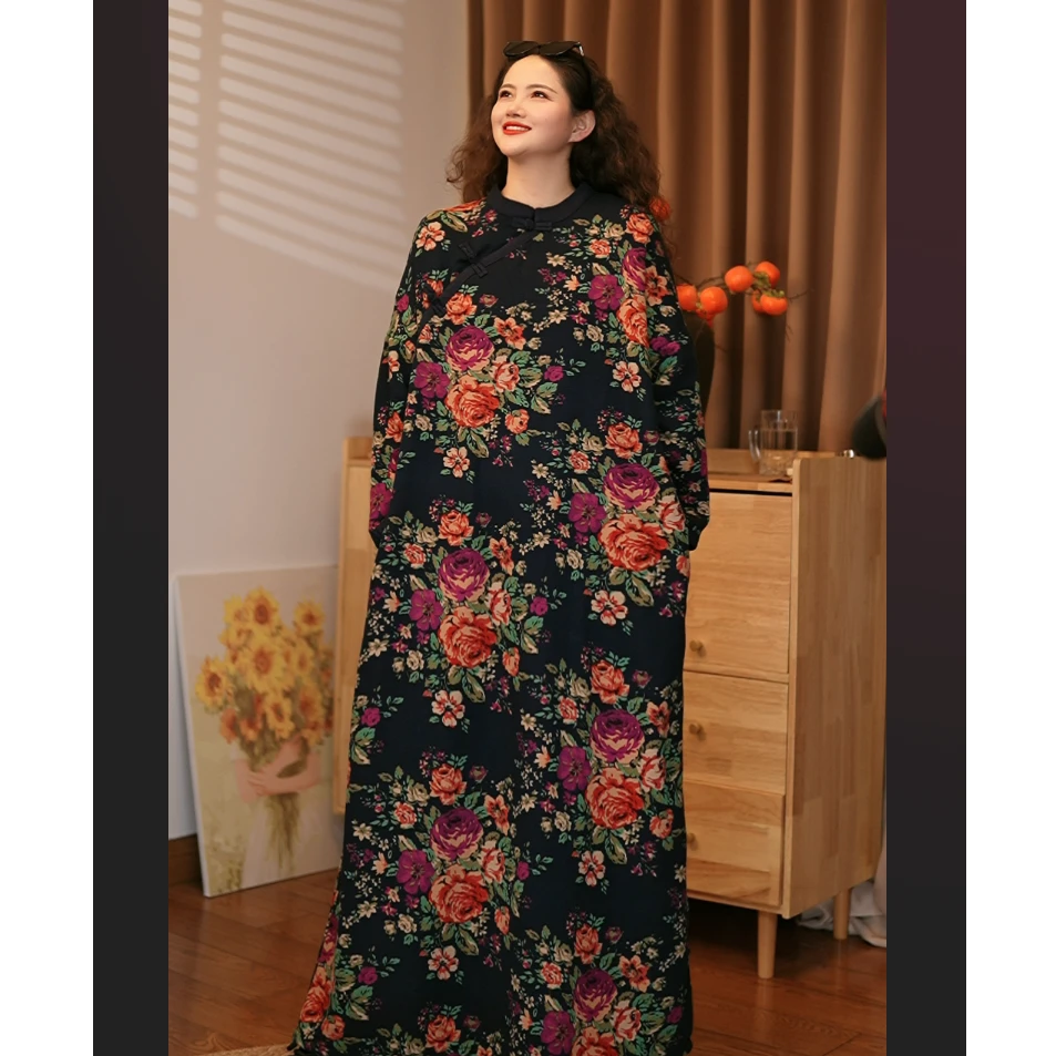 X121冬季新款【写生与麻】立领斜襟盘扣设计时尚长款加绒加厚长袍女