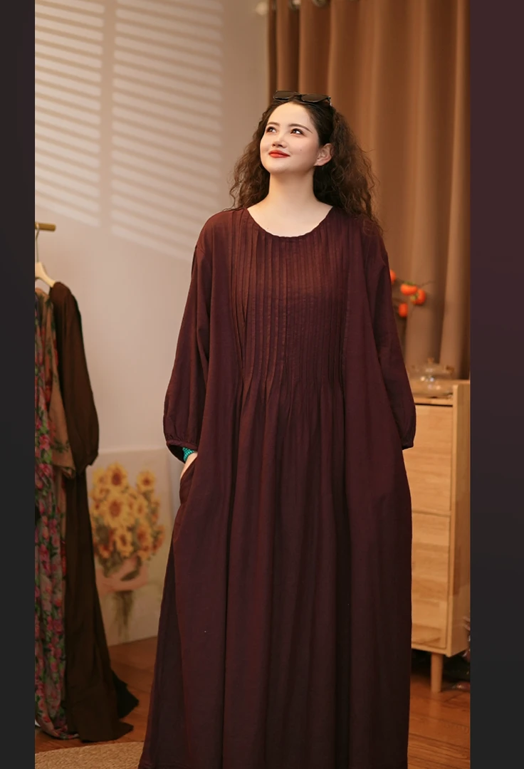 写生原创/夏季色织亚麻连衣裙大码女装宽松长裙大袍子显瘦气质