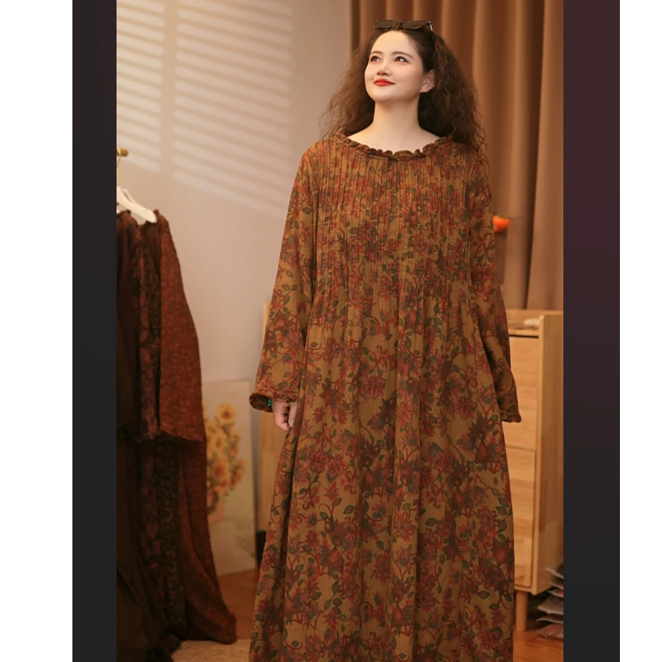 【写生与麻】定制款木耳边秋冬季新款加厚宽松长裙气质女碎花裙子女