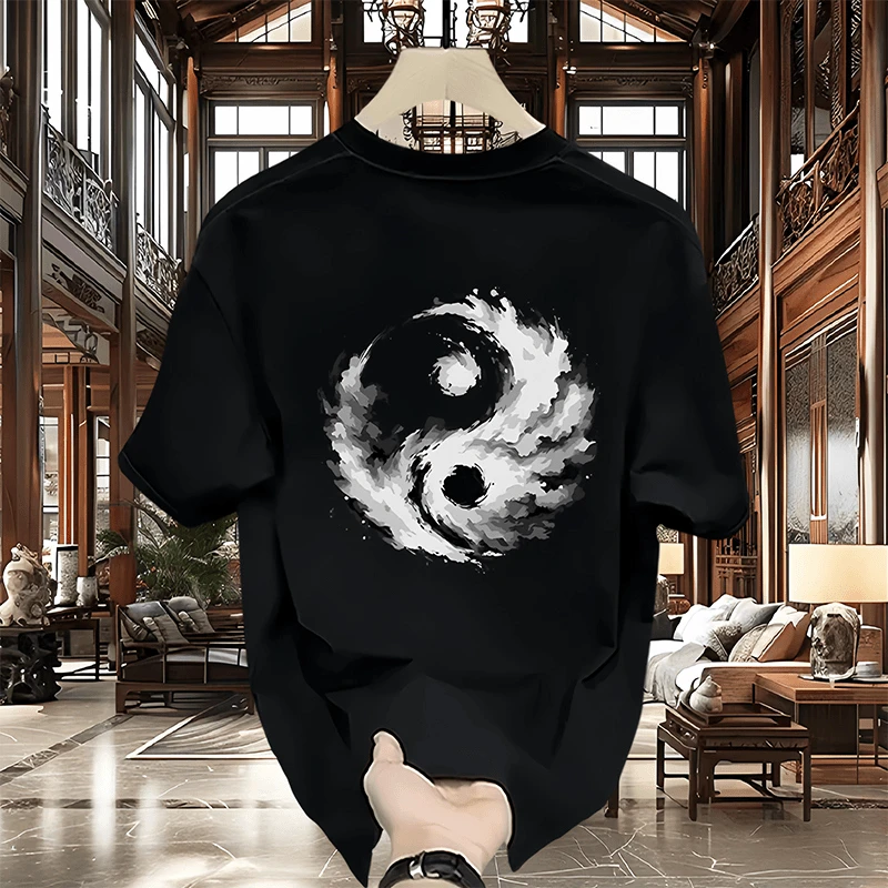 2024新款纯棉短袖T恤男几何图案热转印印花青春流行宽松上衣大码