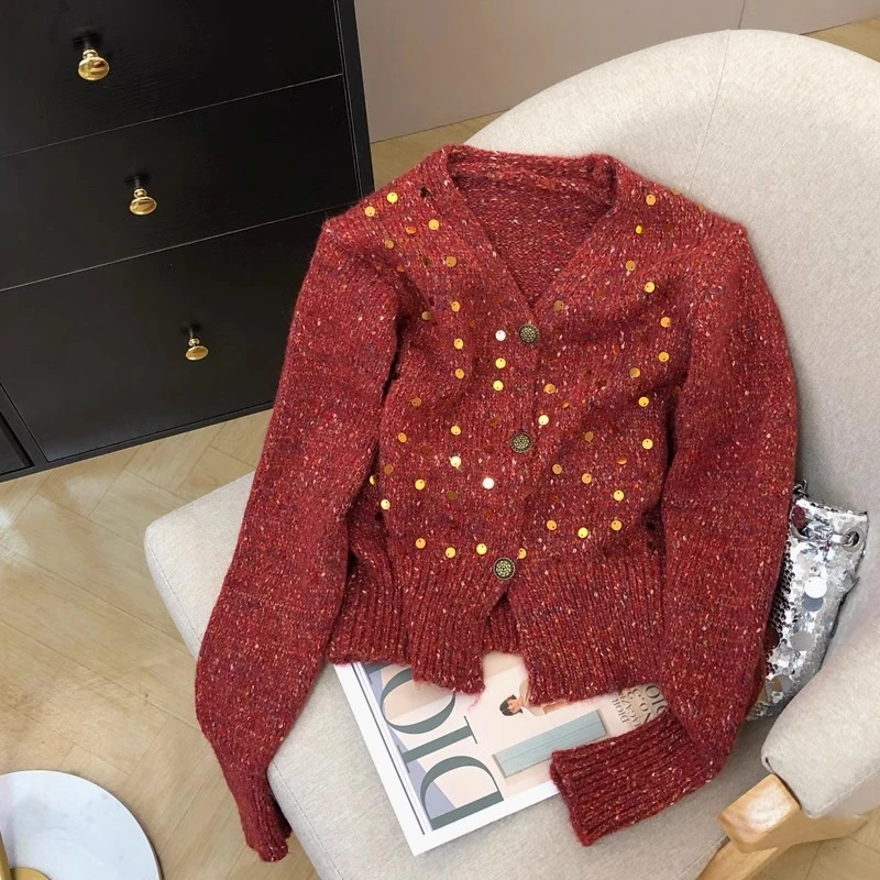 法式V领针织开衫秋季新款女慵懒风重工亮片高级扎染外搭毛衣外套