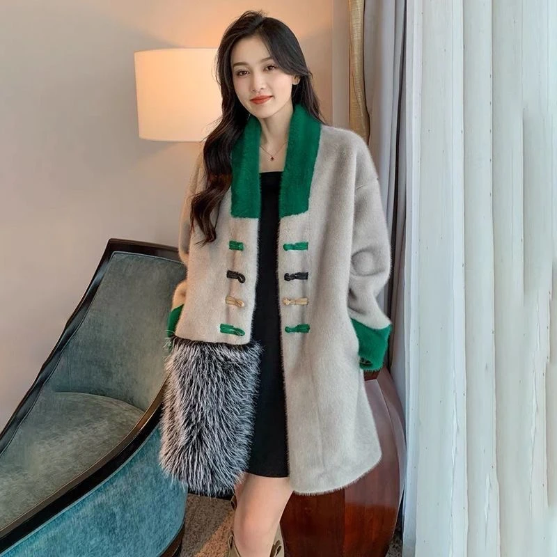2023冬季女装中国风毛毛外套秋冬大衣拼接时尚气质撞色中长国风款