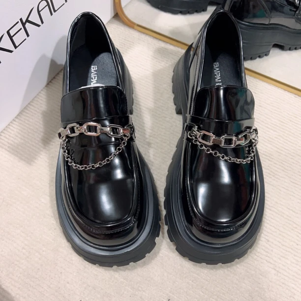 厚底乐福鞋圆头乐福鞋女鞋单鞋休闲百搭英伦风鞋子夏季黑色复古