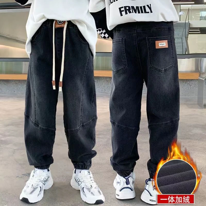 男童加绒牛仔裤2023新款加绒裤子中大童宽松冬季儿童加绒一体裤子