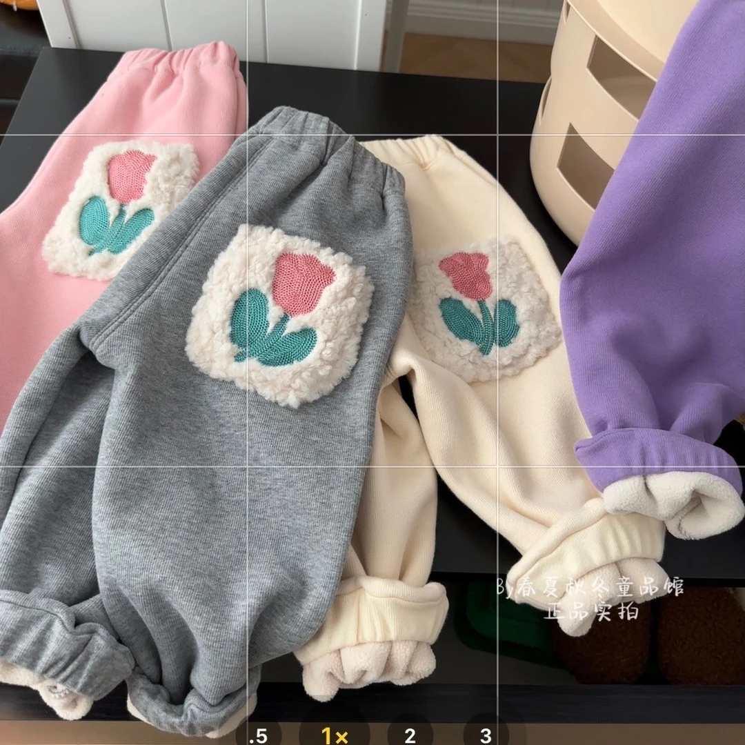 女童卫裤2023年秋冬韩版加绒加厚花朵口袋休闲裤子运动裤EF