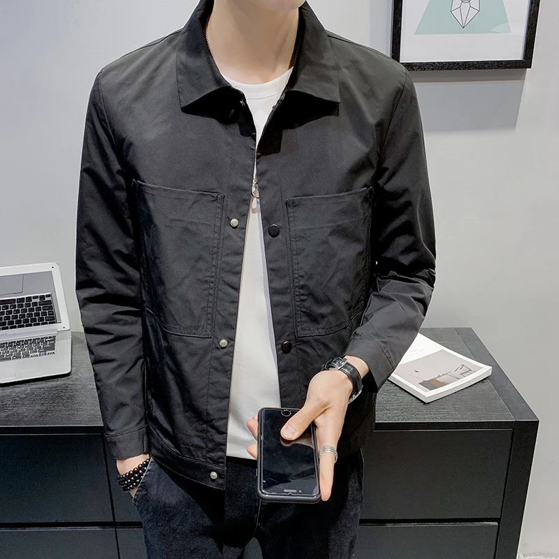 JK1905春季新款夹克男纯色休闲百搭男装上衣潮流韩版修身翻领外套