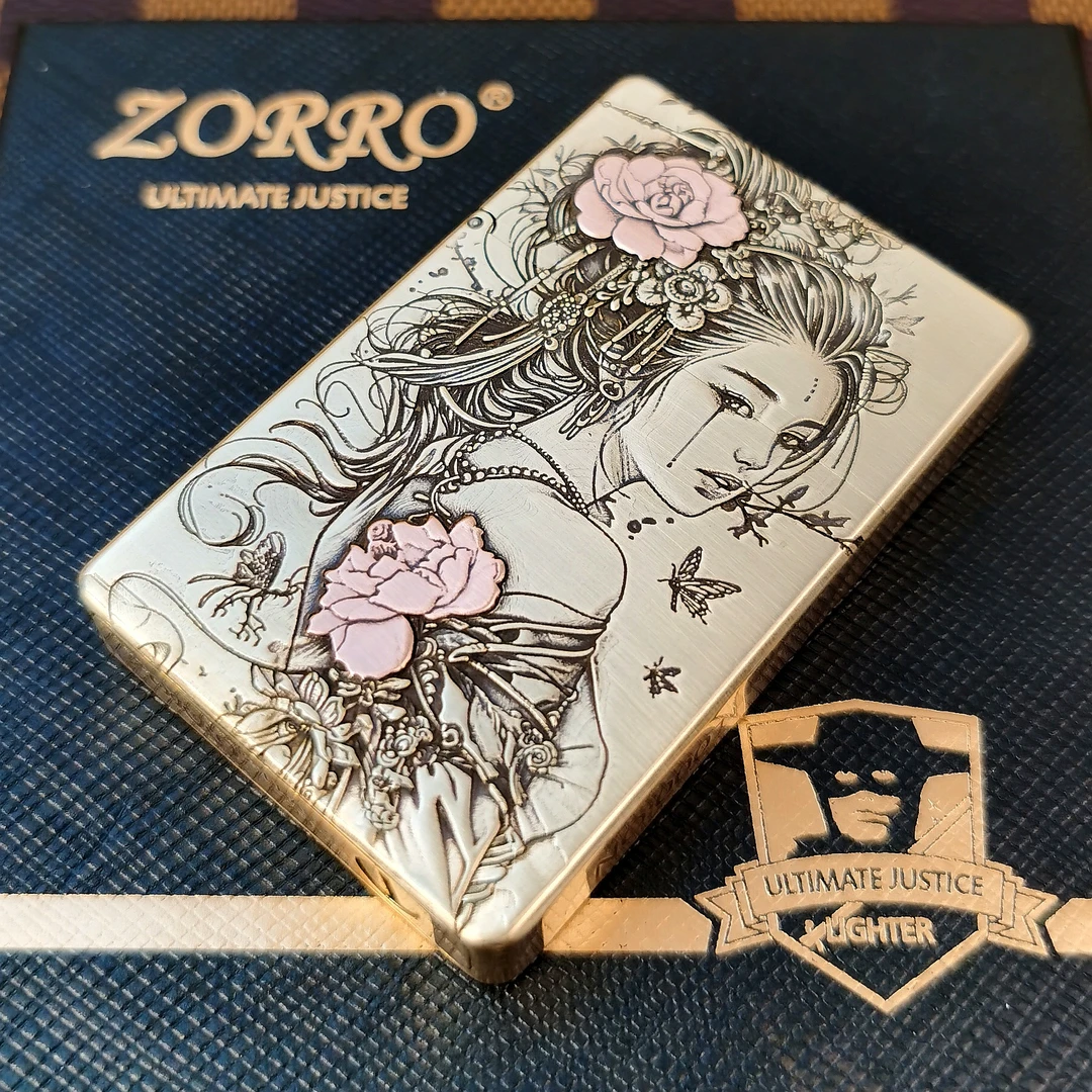 ZORRO佐罗ZL8超薄小重甲煤油打火机镶嵌五代花仙子防风男士礼物