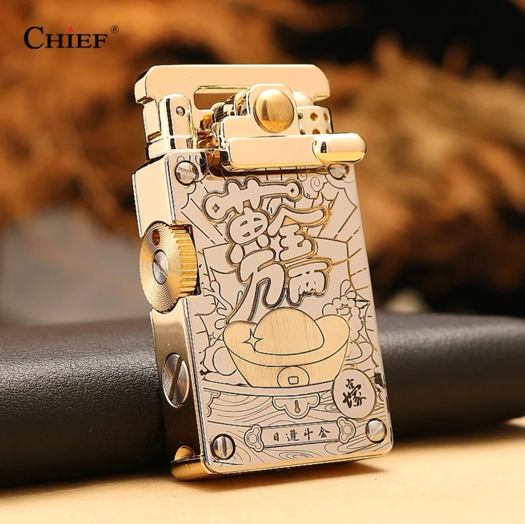 CHIEF/首领摇臂煤油打火机 一键自动点火 纯铜雕刻 带备用火石仓