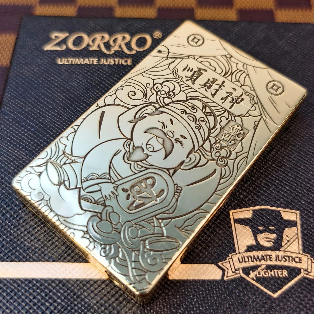 ZORRO佐罗超薄朗声799煤油打火机精雕顺财神纯黄铜一体防风钢音