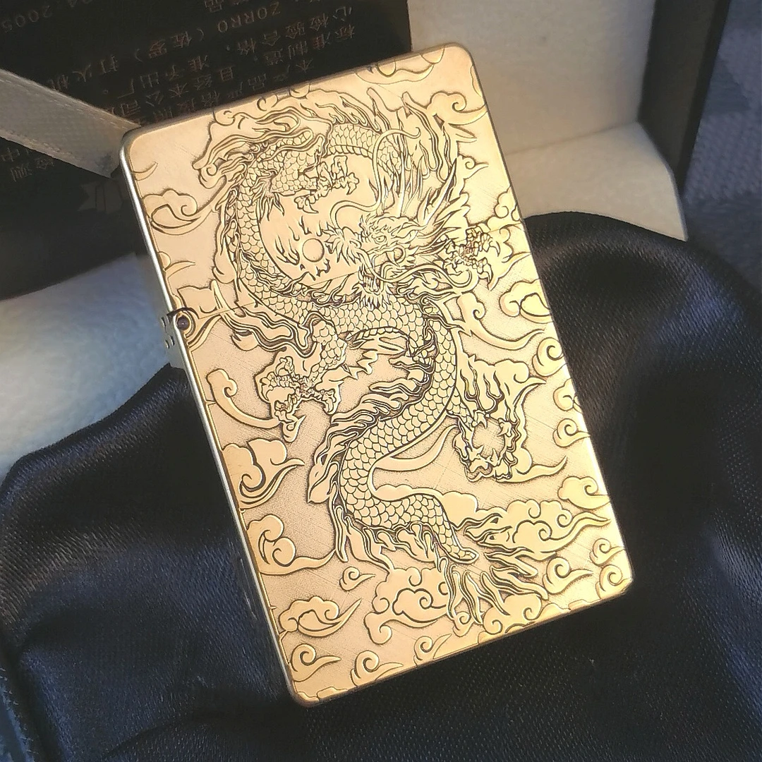 ZORRO佐罗超薄重甲ZL8祥云龙煤油打火机手工原装纯黄铜雕刻双面