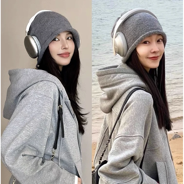 堆堆帽女秋冬毛线帽针织帽显脸小包头冷帽大头围抽绳卷边帽子冬季