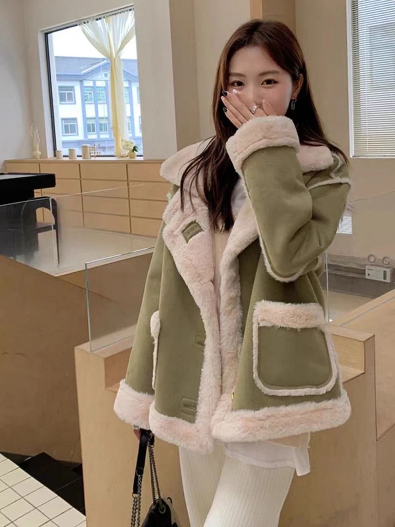 清 加绒加厚高品质皮毛一体毛毛绒外套设计感拼接机车棉衣大衣