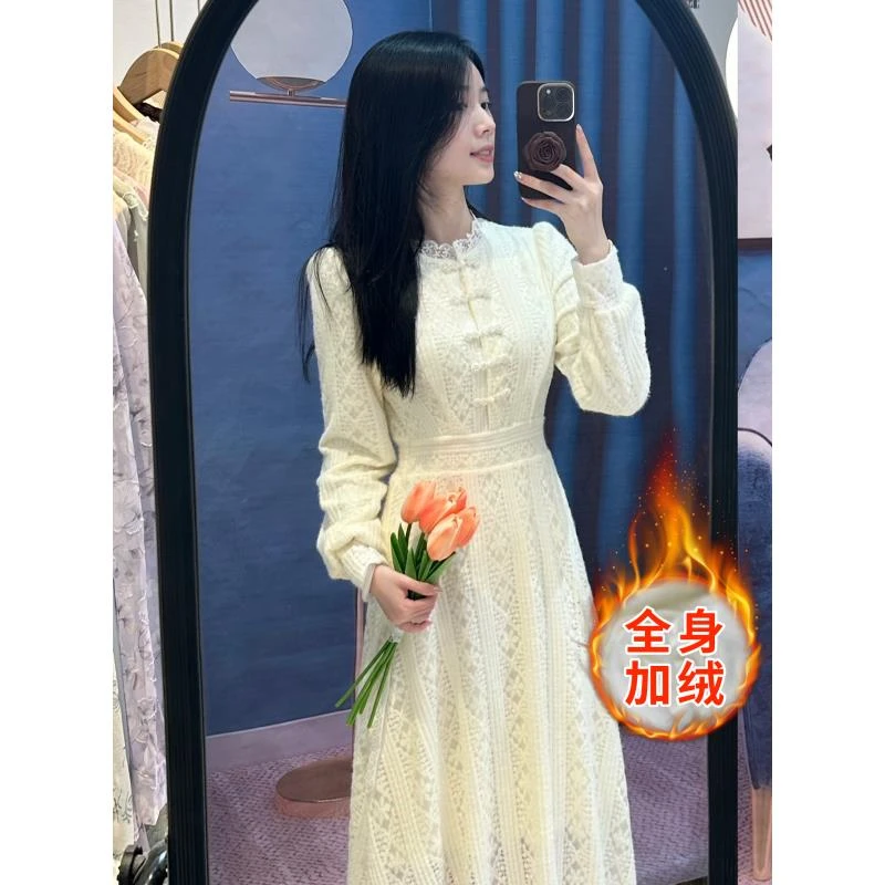 苏陌【盘扣】加绒加厚蕾丝连衣裙女冬季收腰遮胯显瘦过膝高腰a字裙