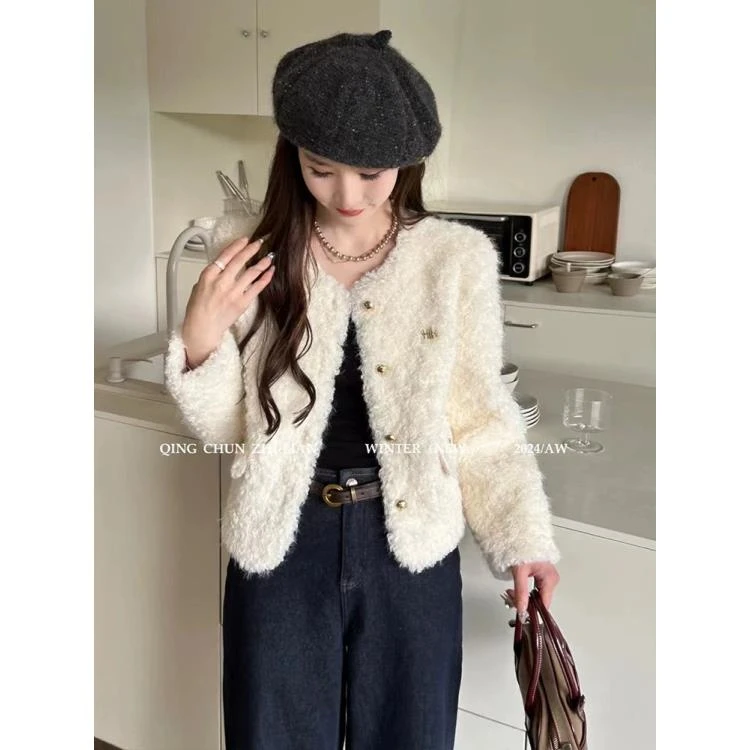 高品质显瘦小香风外套气质轻奢皮毛一体女秋冬新款羊羔毛上衣大衣