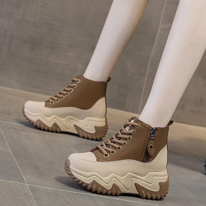 秋冬新款厚底7厘米增高休闲女棉鞋潮流短靴系带拉链高帮女鞋