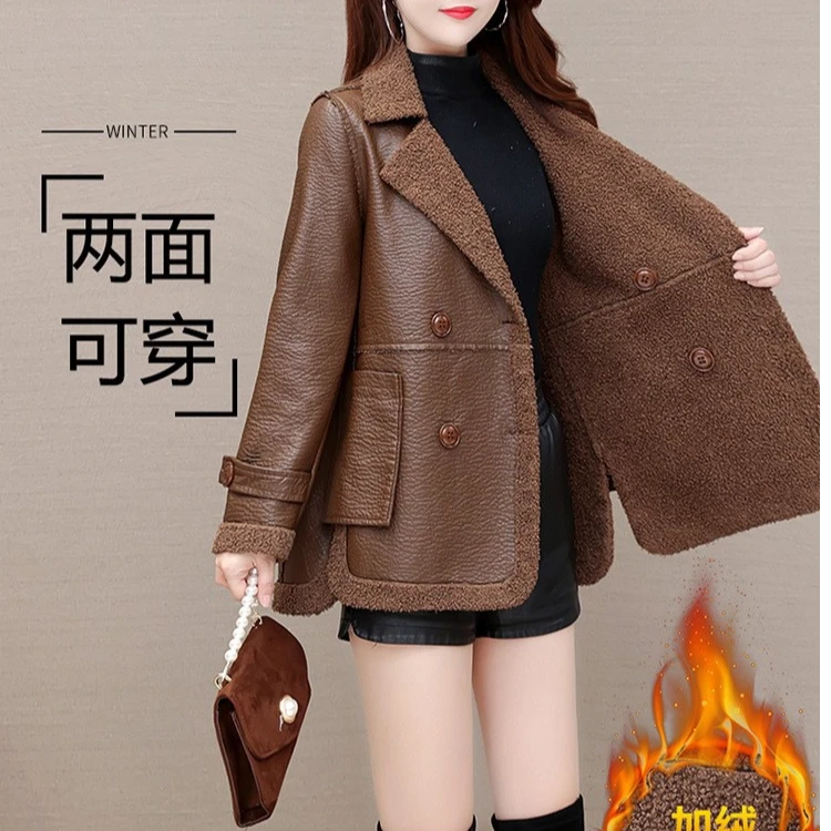 韩版双面双穿时尚百搭皮毛一体秋冬新款上衣气质休闲皮衣女士外套