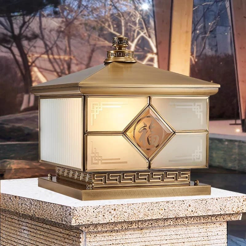 全铜太阳能户外柱头庭院灯庭院围墙别墅大门门柱两用防水中式柱子