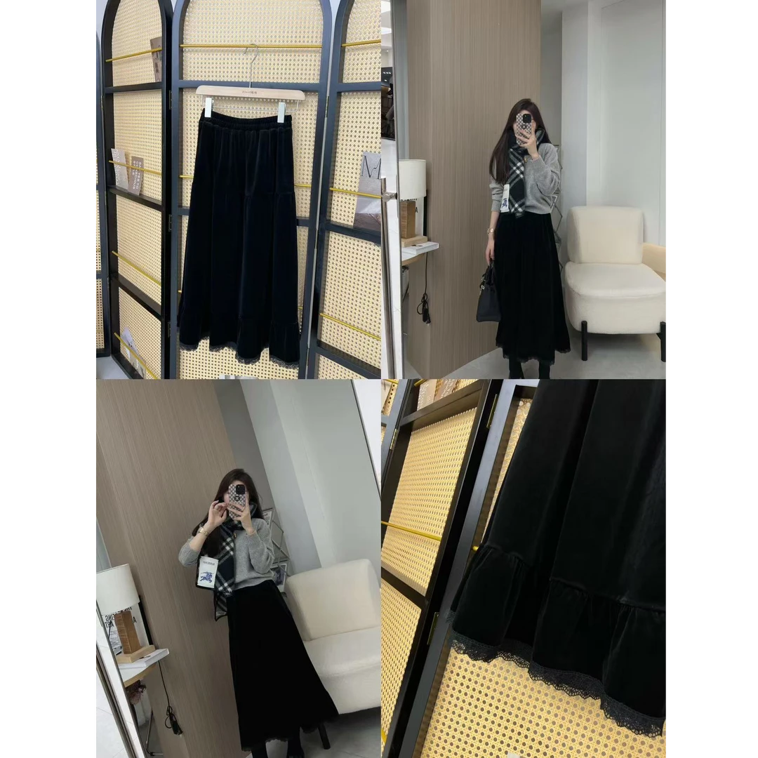 10058~喜欢高端的你～进口定制高级感蕾丝边显瘦丝绒半身裙 秒发